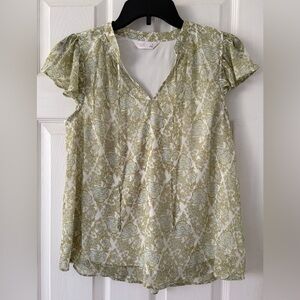 LC Lauren Conrad Green and Cream Floral Blouse